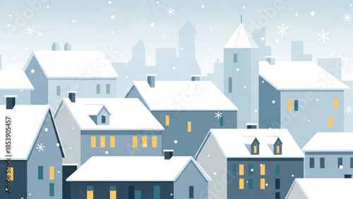 Cozy winter cityscape with snow falling on houses illustration for holiday greetings and seasonal concepts