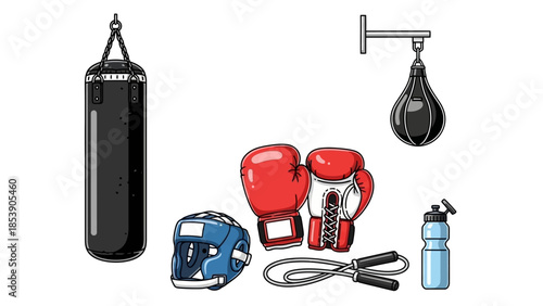 A collection of boxing equipment on a white background