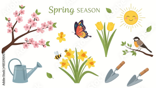 A colorful illustration of spring season with flowers and gardening tools