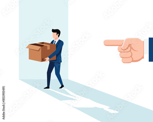 Vector Illustration of a Businessman Carrying a Cardboard Box Being Pointed Toward an Exit for Firing Concept