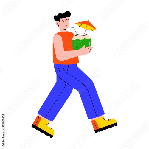 Flat style illustration of a person drinking coconut