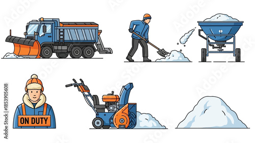 A collection of snow removal equipment and workers in action