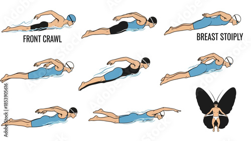 An illustration of various swimming styles and techniques for athletes