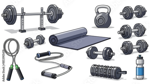 A collection of various fitness equipment for a workout routine