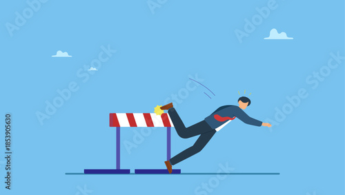 Frustrated businessman loser fail to jump over hurdle and falling to the ground. Business failure, mistake or cannot overcome difficulty or obstacle, problem or underperform employee.
