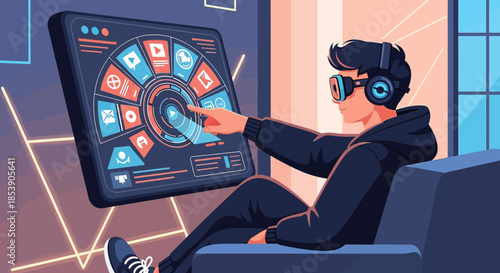 Virtual reality user interacting with digital interface on futuristic screen experience