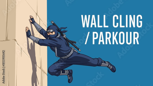 A ninja in a blue costume is clinging to a wall in a parkour pose