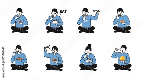 An illustration of a person eating various foods in different poses