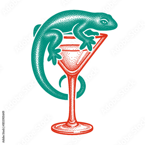 green gecko lizard on a red martini glass cocktail in retro halftone style