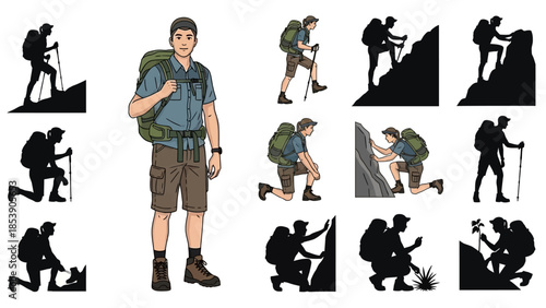 A cartoon man with a backpack and various hiking silhouettes on a white background