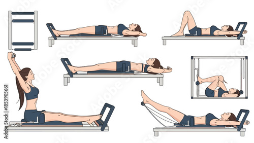A woman performing various pilates exercises on a reformer machine