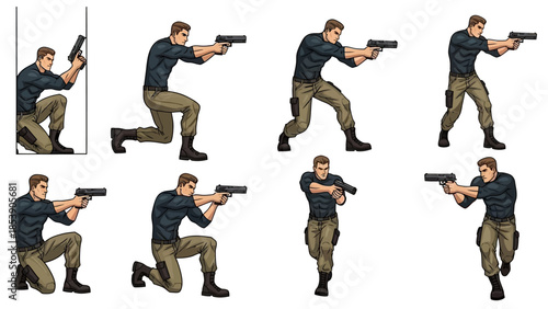 An illustration of a man in various tactical stances with a gun