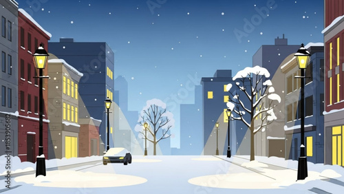 Snowy city street scene with buildings and streetlights winter urban landscape illustration for holiday and seasonal theme