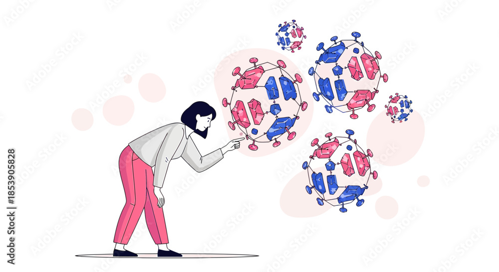 Fototapeta premium Woman observing abstract viral pathogens with spiked surfaces and geometric shapes on display