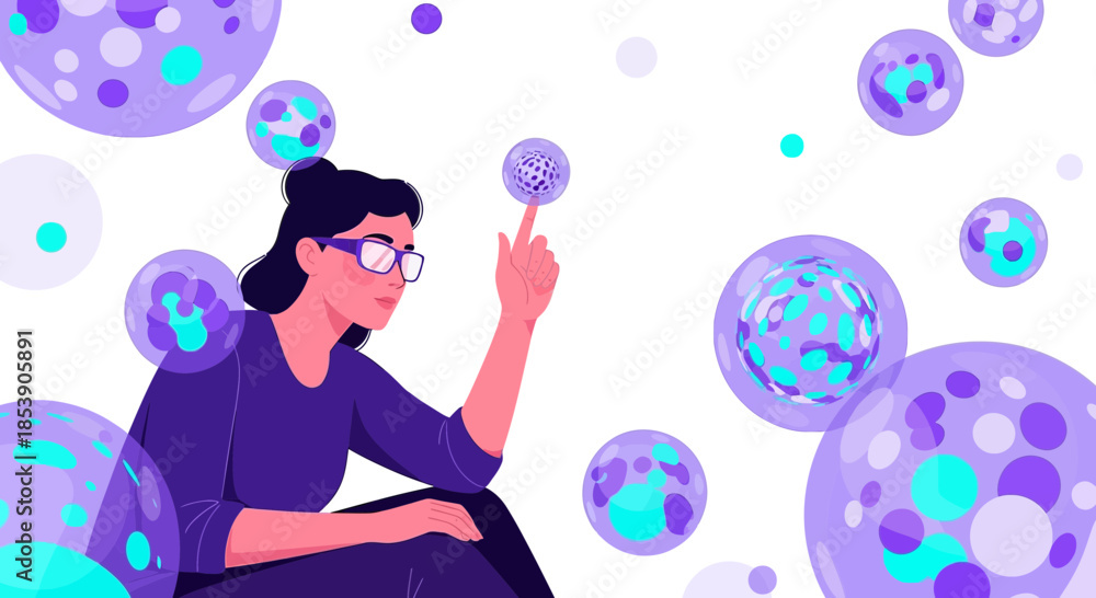 Naklejka premium Woman visualizing future insights with conceptual digital spheres and abstract data