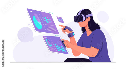 Woman immersing herself in virtual reality to analyze business performance indicators data