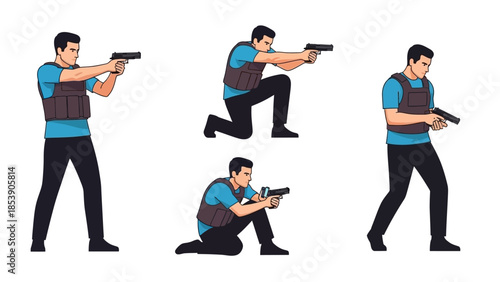 A man in different tactical stances holding a gun for self defense