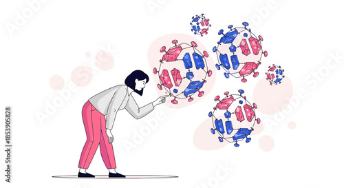Woman observing abstract viral pathogens with spiked surfaces and geometric shapes on display