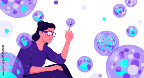 Woman visualizing future insights with conceptual digital spheres and abstract data