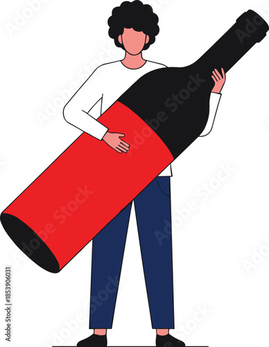 Vector Illustration of a Man Carrying a Giant Bottle of Wine Representing Alcoholism Addiction and Personal Burden Concept