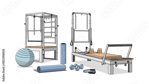 A collection of modern Pilates equipment for a full body workout