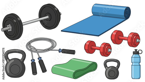 A collection of exercise equipment for a home workout routine