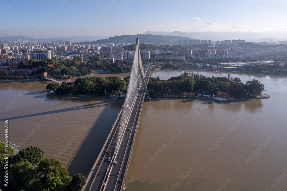 Fototapeta premium Aerial View of Modern Cable-Stayed Bridge Over River