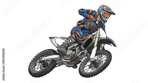 A motorcyclist in a blue and orange racing suit riding a dirt bike