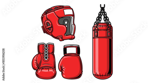 A set of red boxing equipment on a white background