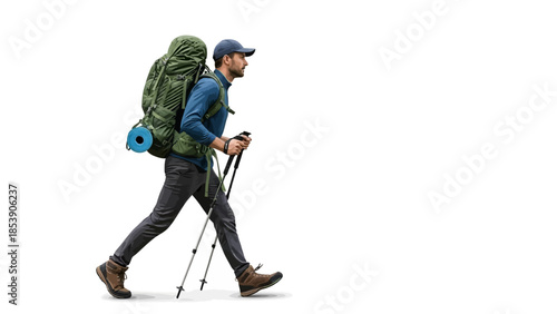 A man hiking with a backpack and trekking poles on a plain background