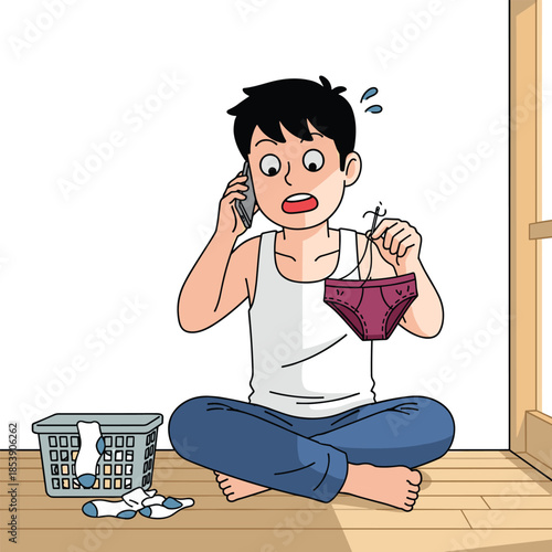 Vector Illustration of a Worried Man Doing Laundry and Finding a Pair of Women's Underwear While Talking on the Phone