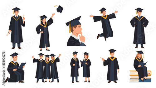 A group of cartoon graduates in black robes and caps celebrate