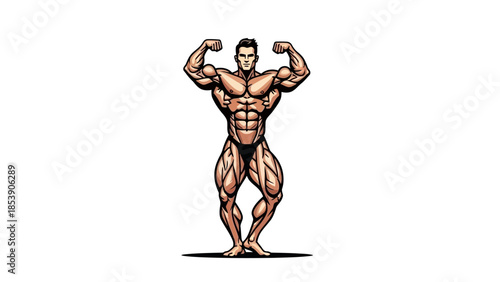 A muscular man posing in a powerful bodybuilding stance with flexed arms