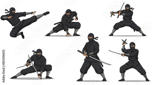A ninja in various martial arts poses with swords and daggers