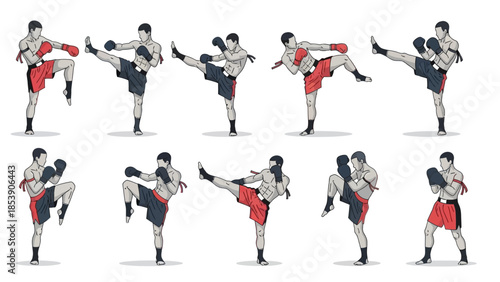 A martial artist demonstrating various kickboxing techniques in a sequence of poses