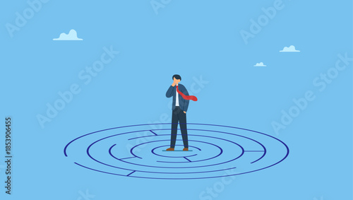 Confused businessman in the middle of maze labyrinth finding exit or the way out. Solving complex business problem, difficulty or challenge to overcome to achieve success or business direction.