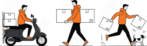 Vector Illustration of a Courier Delivering Packages via Scooter and on Foot for Shipping and Logistics Concept