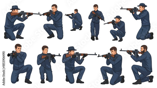 An illustration of a soldier in various kneeling positions while aiming a rifle