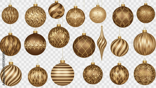 Collection of golden Christmas ornaments festive holiday decorations with intricate patterns isolated on transparent backg