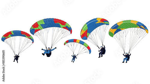 A group of people parachuting in the air with colorful parachutes