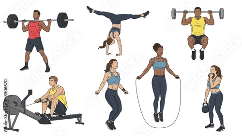 A group of people engaging in various fitness activities and exercises