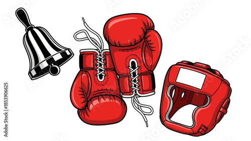 A set of red boxing gloves and protective gear on a white background