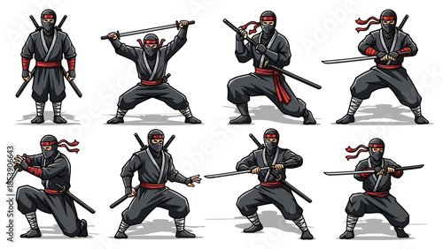 A group of ninjas in various fighting poses with swords and daggers