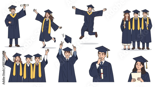 A group of cartoon graduates celebrating in various joyful poses