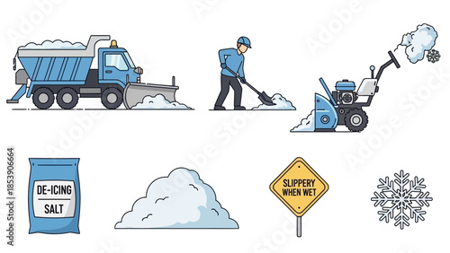 A collection of winter maintenance and snow removal equipment illustrations