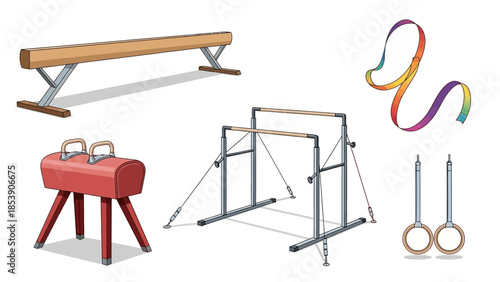 A collection of various gymnastics equipment for training and practice