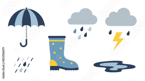 A colorful illustration of rainy weather with an umbrella and boots