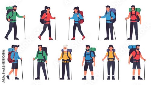 A group of people hiking with backpacks and trekking poles in various poses