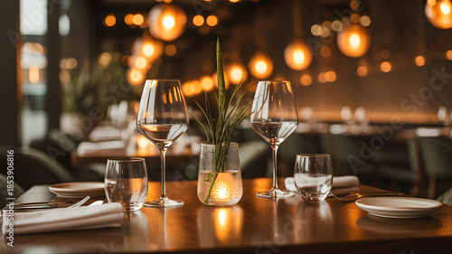 Close up of elegant table setting with water glasses and plant decor