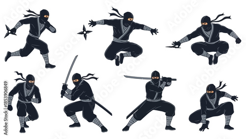 A group of ninjas in various poses with swords and shuriken